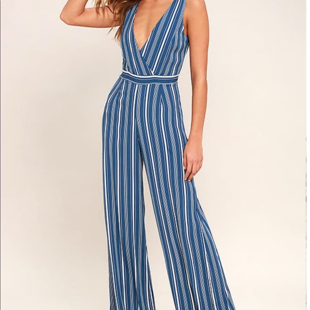 Lulus women’s Montauk Yacht Club blue and white striped jumpsuit